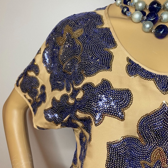 Neiman Marcus Tracy Reese blue silky back w nude front blue sequined front tunic - Picture 3 of 16